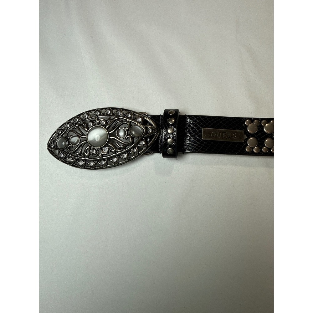Guess Womens Black Faux Snake Studded Belt Filigree Rhinestone Buckle Size M Y2K